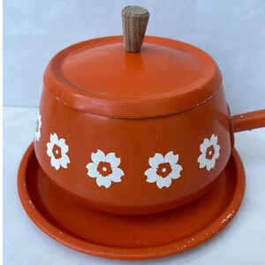 Street Faire Antiques Retro Cookware Flower Fondue Pot with Lid Red White